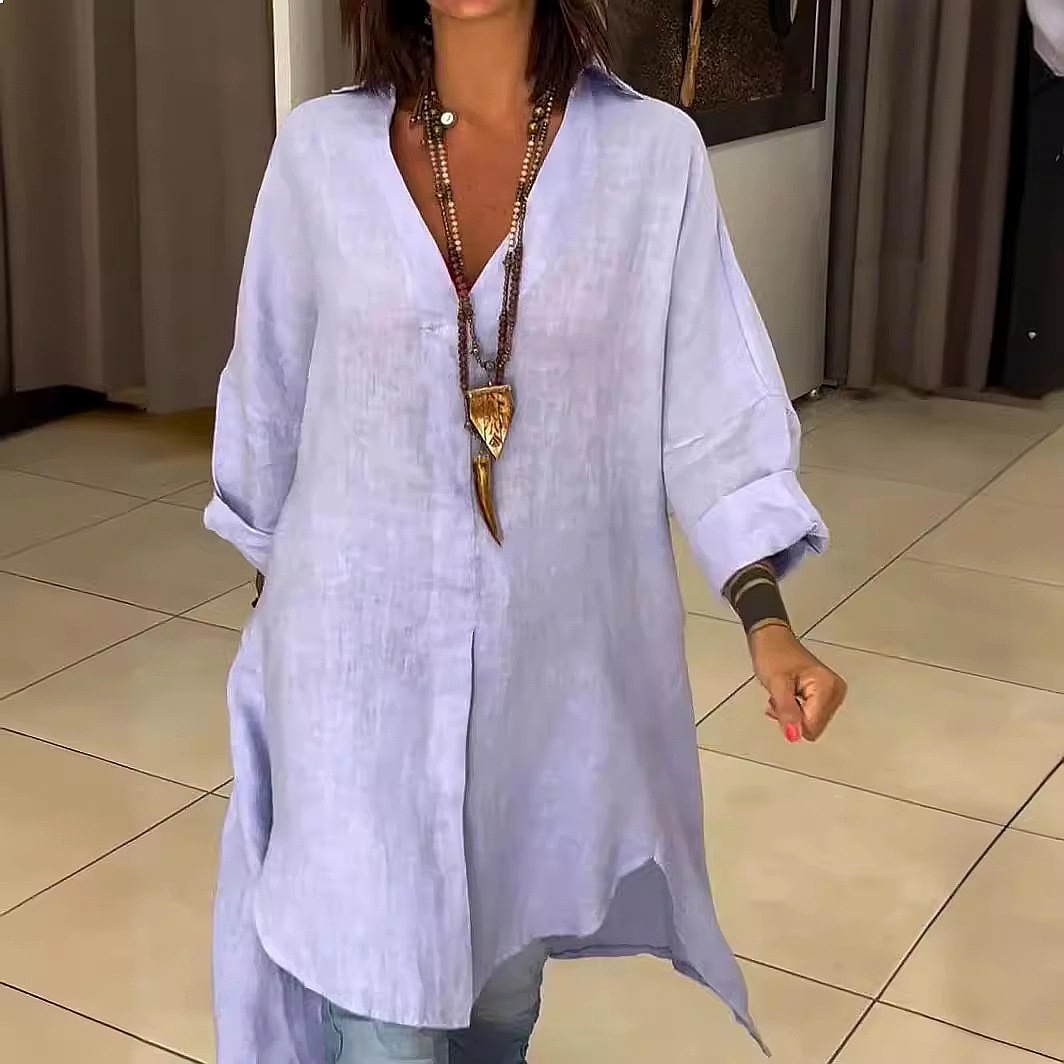 Casual Loose Linen Shirt Dress - 여성용 린넨 셔츠 드레스, 넉넉한 핏의