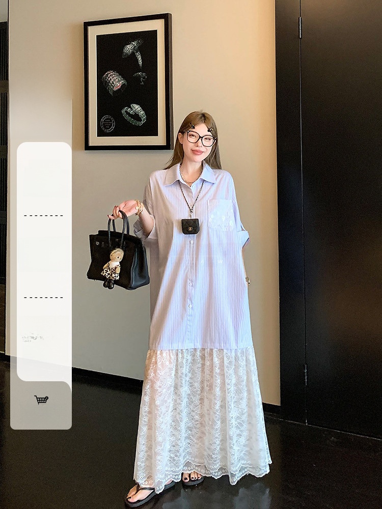 Korean Style A Line Shirt Dress - 루 체리 걸 레이스 A라인 셔츠