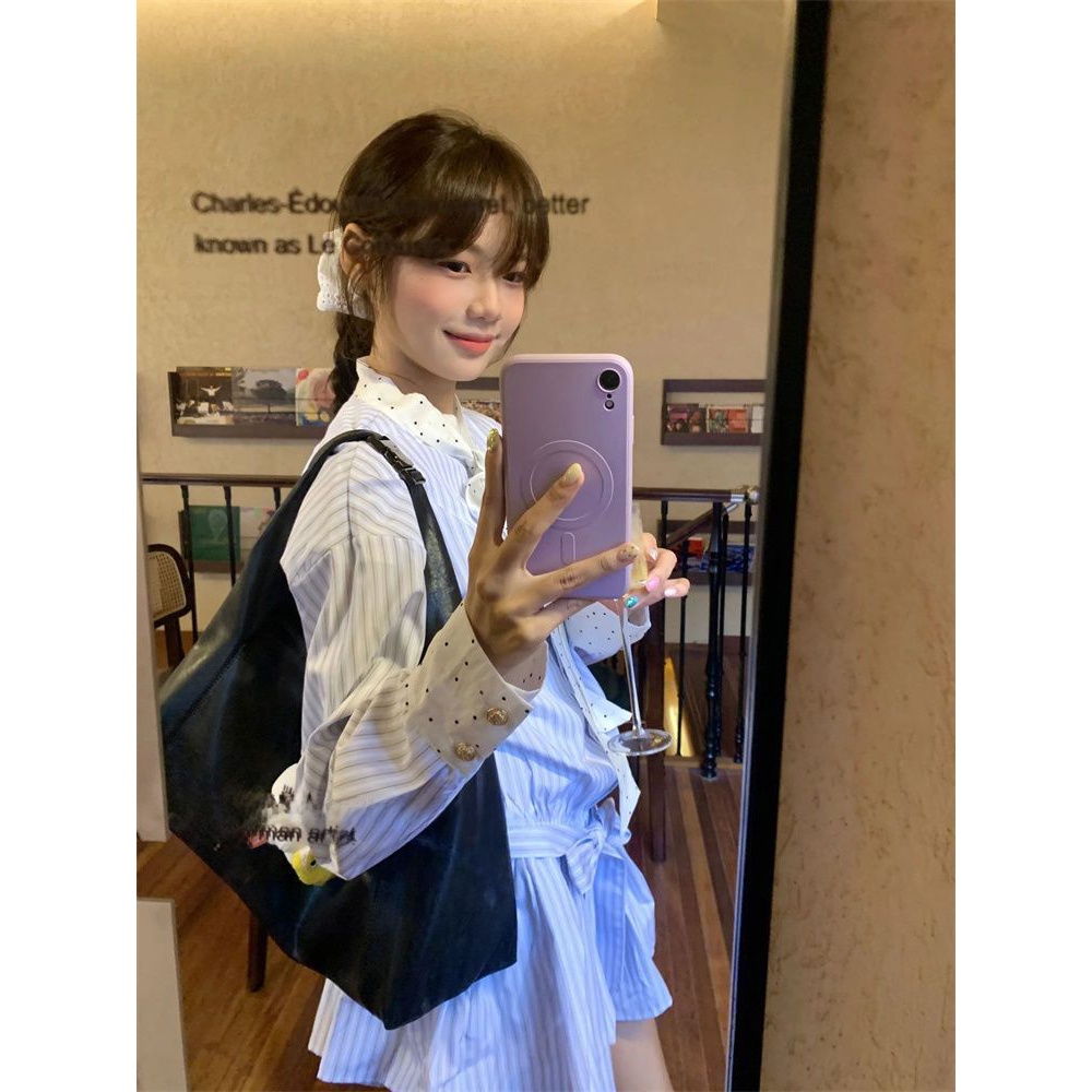 한국 스윗 스쿨 스타일 스트라이프 스플라이싱 긴팔 셔츠 - Korean Style A Line Shirt Dress 리뷰 및 가격